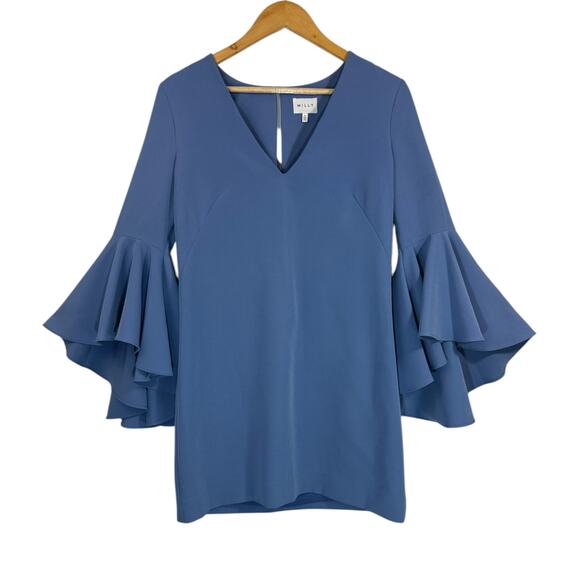Milly Nicole Dress Blue Italian Crepe Bell Sleeve Shift V-Neck Sz 4 - Picture 4 of 12
